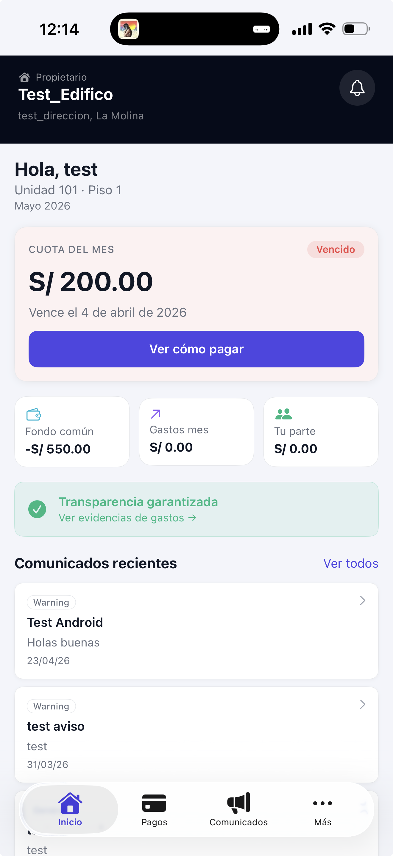 Vista del propietario — cuota mensual