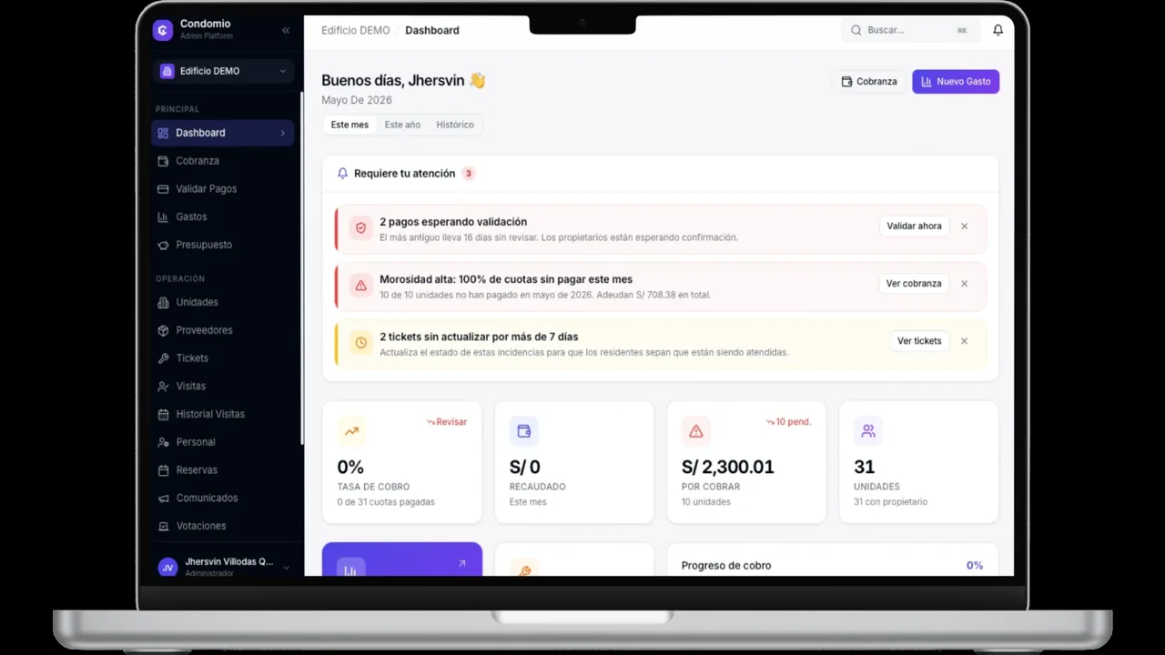 Panel de administración Condomio — vista de escritorio